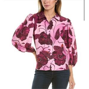 Rachel Roy Rose Print Puff Sleeve Blouse Size Small New